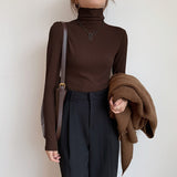 Solid Color Turtleneck Long Sleeve Knitted Tee-Outfit