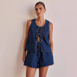 Fongt Summer Fashion Casual Sleeveless With High-Rise Women's Vests Denim Set Shorts