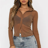 Color Turn-Down Collar Long Sleeve Tops See-Through