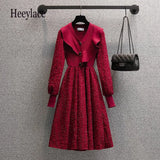 Winter Long Sleeve Knitted Sweater Dress French Vintage Elegant Ruffles Patchwork High Waist A-line