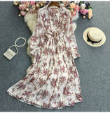 Fongt And Autumn Gentle Wind Korean Version Of Sweet Round Collar Lote Side To Receive Waist Thin A Word Broken Flower Chiffon Dress Woman