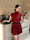 Fongt Xixi 2025 Autumn White Standard Wool Knitted Short Sleeve + High Waist 100 Folded Short Skirt Two Sets 25396