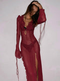 Through Women's Summer Mesh Dress for Beach V Neck Long Sleeve Transparent Maxi Dresses for Women Beachwear Pink