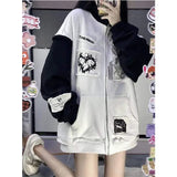 Grunge Black White Patchwork Oversize Sweatshirts Women Gothic Streetwear Print Hoodies Female Pockets Zip Up