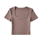 Trendy Women's Sexy Large U-Collar Short Navel Blouse Tight Solid Color Pullover Short-Sleeved T-Shirt-Outfit