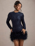 Fongt Women's Dress Sexy Dress Long Sleeve Solid Color Sequin Feather Dress Round Collar Woman 8102