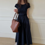 Fongt Chic Summer Simple Temperament Round Collar Fold Closed Waist Show Thin Short Sleeve Large Swing T-Shirt Dress Long Skirt-Outfit