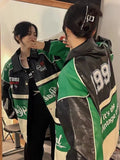 Black Bomber Woman Varsity Leather Jacket Green Racing Oversize Unisex Baseball Motorcycle Jacket Women's Winter