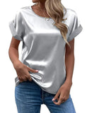 Women's Short-Sleeved Satin Shirt Loose Casual Round-Collar Satin T-Shirt Women's Spring / Summer 2024 New Style-Outfit