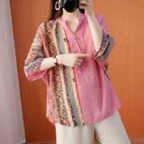 Paisley Printed Spliced Shirt Women's Clothing Loose All-match V-Neck Summer Half Sleeve Commute Casual Button Blouse-Outfit