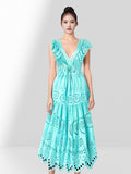 Temperament Flying Sleeve V Collar Waist Shows Thin A Word Big Pendulum Hollowed-Out Dress Seaside Holiday Long Skirt-Outfit
