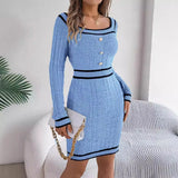 Shooting 2025 Autumn And Winter Elegant Square Neck Button Long-Sleeved Sweater Buns Hip Skirt Women's