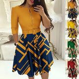 Fongt New Round-Neck Printing Belt Fashion Casual Commuter Dress