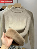 Warm Sweater Pullover Women Slim Thicken Plush Velvet Lined Knitwear Jumper Korean Half Turtleneck Poleras Soft Knit