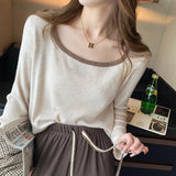 Fongt Versatile Top Retro Square-Neck Long-Sleeve Undershirt With White Loose Sweater Six Wool Sweater-Outfit