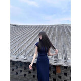 Fongt Chinese Style Improved Cheongsam Dress Women's Summer Small Temperament Chic Country Style Blue Bag Hip Long