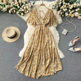 Fongt Wind Temperament Sweet Broken Flower V Collar Dress Beach Vacation Snow Spinning A Word Long Skirt-Outfit