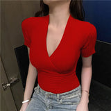 Spot Summer Large V-Collar, Low-Cut, Sexy, Tight-Fitting White Wine Red Short-Sleeved Sweater-Outfit