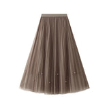 Fongt Industry Nail Pearl Dress Women's Half-Dress Dress 2025 Spring And Autumn Mid-Autumn Long Dress Net Yarn Dress 100Folded Dress 8581