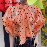Bow Shirts & Blouses Contrast Dot Print Blusas 2024 New Puff Sleeve Camisas Korean Ropa Mujer Spring Summer Tops-Outfit