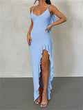 Women Spaghetti Strap Backless Ruffles Long Dress Sexy Slim Fit V Neck Sleeveless Strap Ruched Beach Dresses Vestidos-Outfit