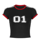 Fongt Style Digital Print Contrast Color Short-Sleeved T-Shirt Female Retro Round Collar Casual Versatile Crop Top-Outfit