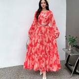 Fongt Temperament Dress Women 2025 Summer New High-End Feeling Waist Round Lantern Sleeve Print Dress