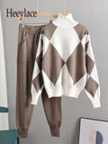 Winter Warm Knit 2 Piece Set Women Oversized Sweater Tracksuits Autumn Turtleneck Pullovers Top + Knit Harem Pants