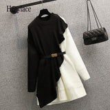 Women Fall Winter Patchwork Knitted Sweater Dresses Korean Casual Vestidos Female High Waist A-line Dresses