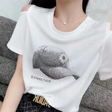 Street Solid Color T-shirt Female Clothing Chic Diamonds 2023 New Summer Stylish Off Shoulder Casual O-Neck Loose Pullovers-Outfit