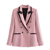 Women Fashion Double Breasted Tweed Check Blazers Coat Vintage Long Sleeve Pockets Female Outerwear Chic
