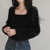 Solid Color Lantern Sleeve Square Collar Sweater-Outfit