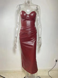Burgundy Strapless PU Leather Maxi Dress-Outfit