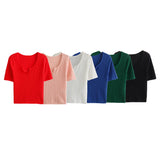 New Spring Style Open-Necked Half-Sleeved Sweater Shows Thin Solid Color Sweater 466362-Outfit