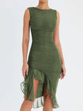 Mesh Ruffle Sleeveless Midi Dress-Outfit