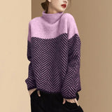 Autumn Winter Vintage Striped Patchwork Loose Knitted Sweaters Female Fashion Korean Warm Thick Half High Collar Jumpers-Outfit