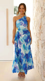 Fongt Women's New Printed Dress Fashion Sexy Slanted Shoulder Folded Empty Dress 8062