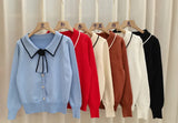 Fongt Autumn New Female Fragrant Wind Bottoming Spliced Temperament Sweater College Style Doll Collar Bow Knitted