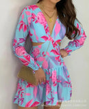 2023 New Spring Sexy Deep V Waist Printed Long-Sleeved Dress In Stock-Outfit