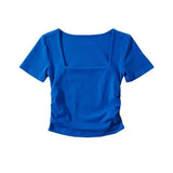 Trendy Women's T-Shirt Slim Style Square Collar Wrinkled Candy Color Short-Sleeved Elastic Blouse-Outfit