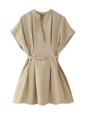Fongt Spring New Fashion Solid Color Collar Design With Belt 100 Folds Short Dress Dress