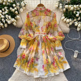Fongt Style Dress Women High-End Elegant Collar Lantern Sleeve Single Buckle Waist Print Chiffon Long Dress