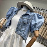 Fashion Women Blue Denim T-Shirt Tops Casual Loose Summer Female Vintage puff sleeve Lantern Sleeve