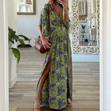 Fongt 2023 New Fashion V-Neck Short-Sleeved Loose Bohemian Side Slit Dress Print Dress-Outfit