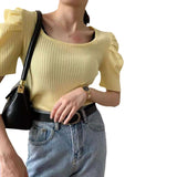 Price OKMA Korean Version Slim Ice Silk Knitted Short-Sleeved T-Shirt 2024 Summer Bubble Sleeve Square Collar Shirt-Outfit