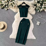 Fongt New Sleeveless Nails Clad High-Waist Temperament Famous Half-Dress Knitted Set Two Sets
