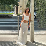 White Lace Tie-Up Top And Maxi Skirt Set-Outfit