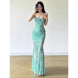 Mint Green Print Mesh Seaside Holiday Dress Cold Hot Girl Inside The Slings Fishtail