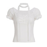 Fongt Pure Desire Girl Age Reduction Irregular Lace Splicing Short-Sleeved T-Shirt Design Bubble Sleeve Repair Body