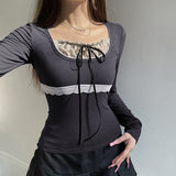 Lace Stitching Bow Patchwork Long Sleeve Tee-Outfit